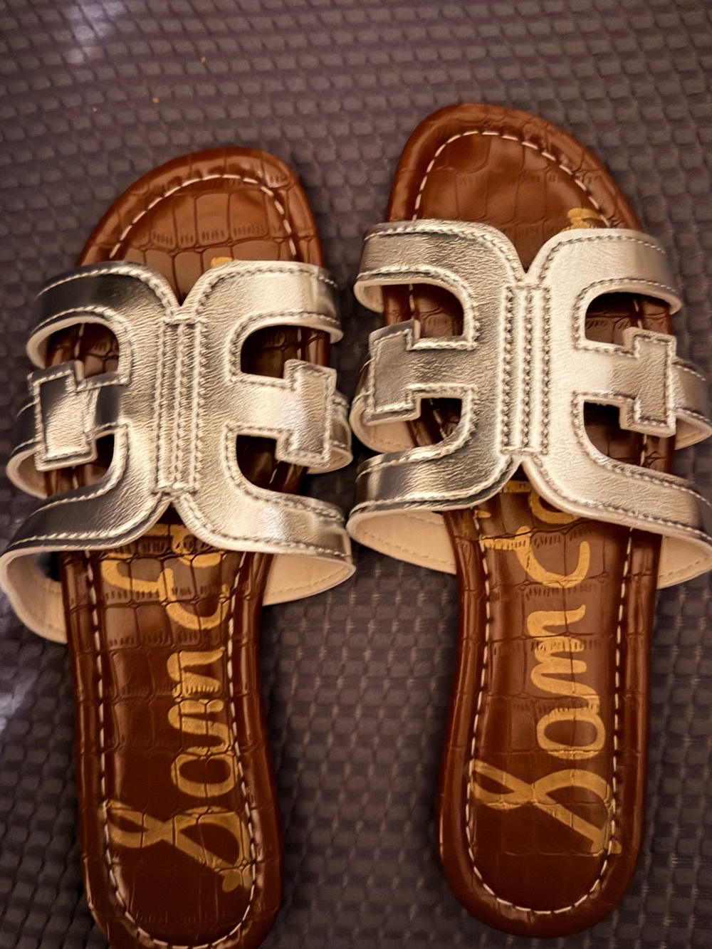 Sam Edelman Silver Metallic Slide Sandals with Brown Footbed